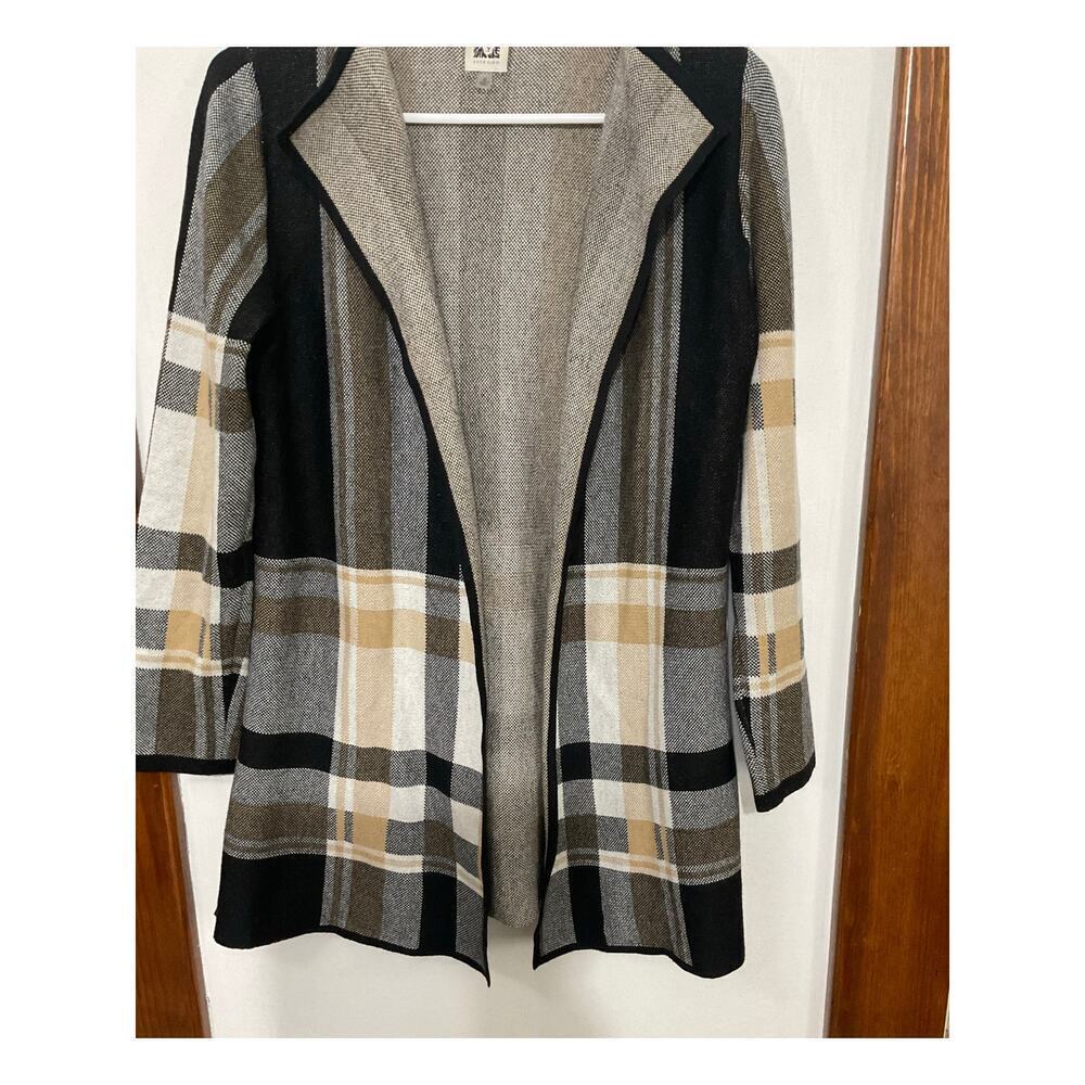 Anne Klein Plaid Open Front Knit Sweater Cardigan Side Slits Size Medium Jacket - Picture 3 of 8